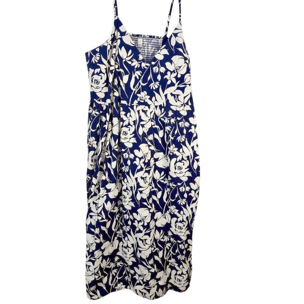 A New Day Floral Midi Dress Womens 4X Navy Blue White Smocked Pockets Strappy